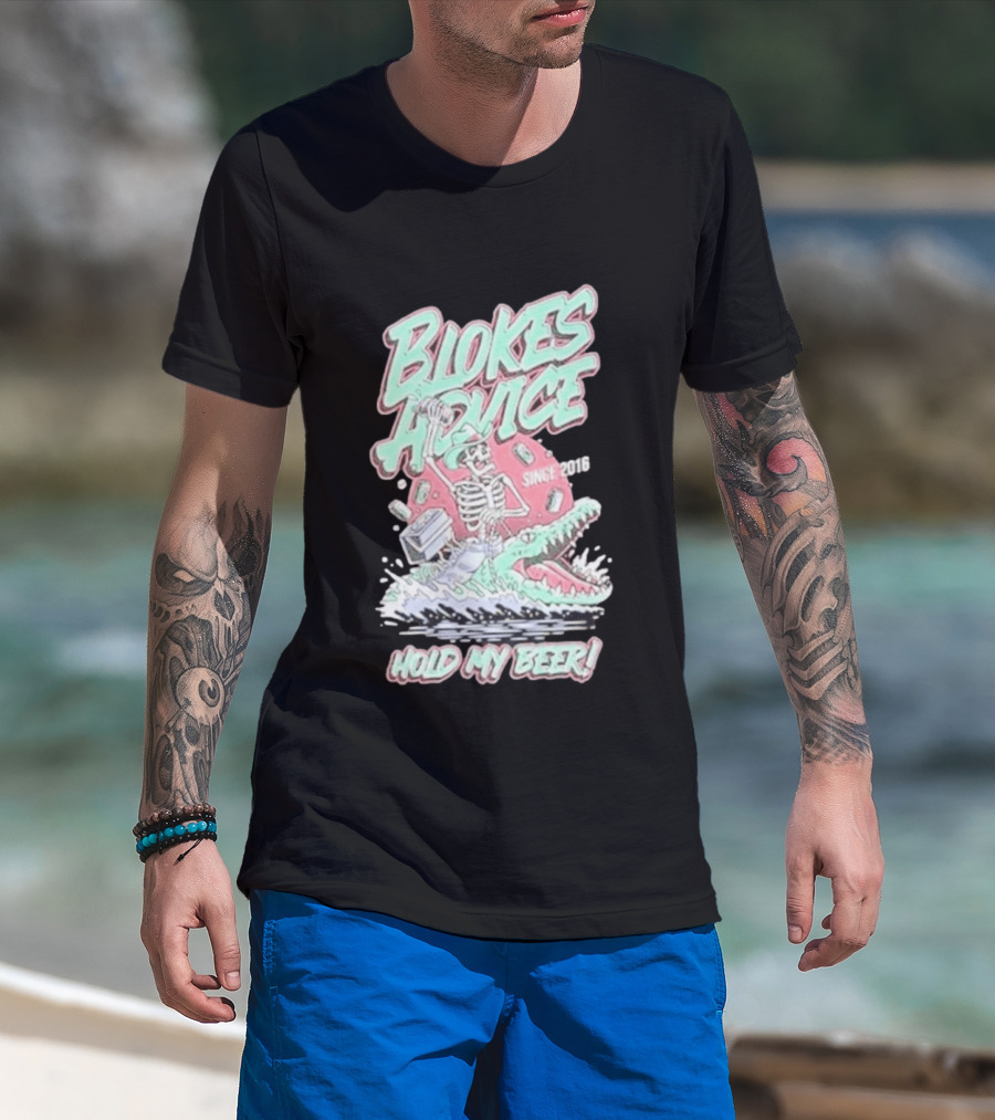 Blokes Advice Since 2016 Hold My Beer Skeleton Riding Alligator T-Shirt