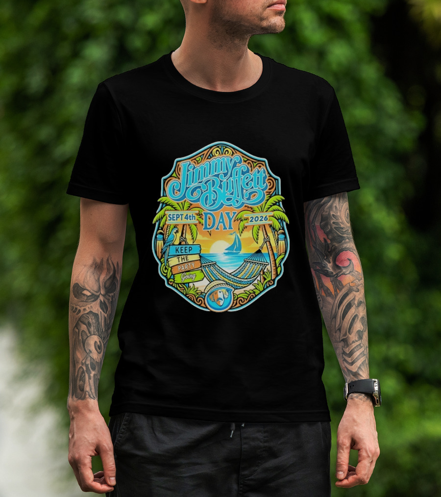 Jimmy Buffett Day Sept 4th 2026 Keep The Party Going Tropical Beach Hammock Scene T-Shirt
