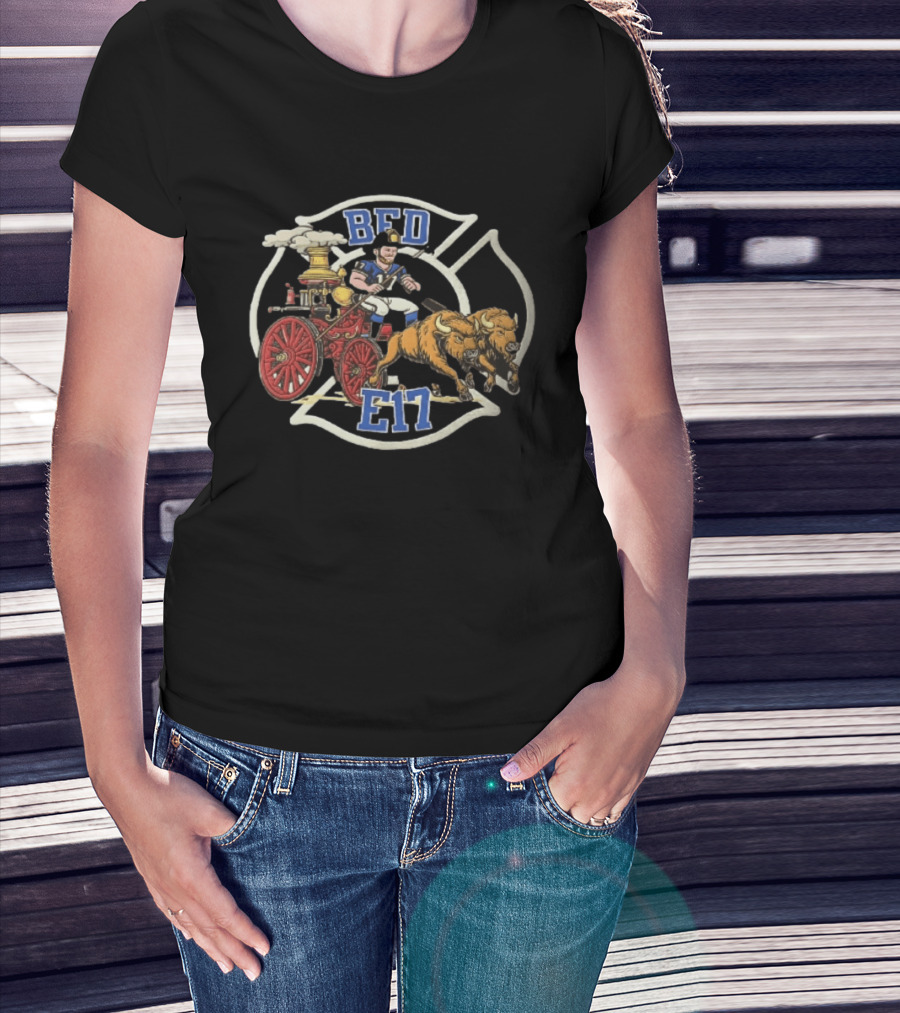 Josh Allen BFD E17 Firefighter Cartoon Driving Bison Engine 17 T-Shirt
