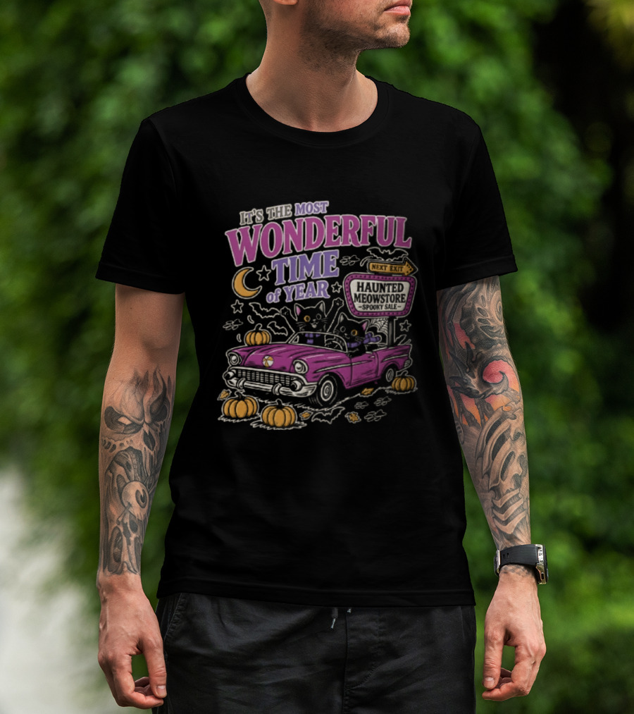 The Most Wonderful Time Of Year Halloween Cat And Pumpkins Retro Car T-Shirt