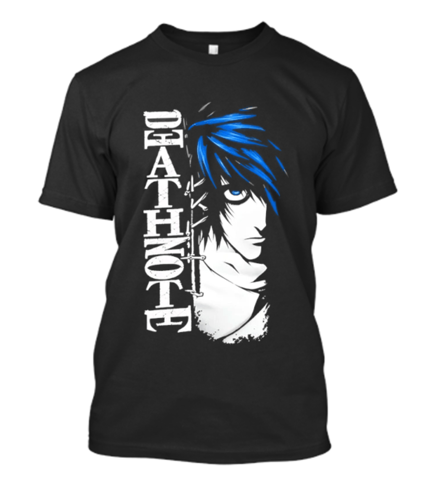L From Death Note Distressed Anime Blue Hair White T-Shirt