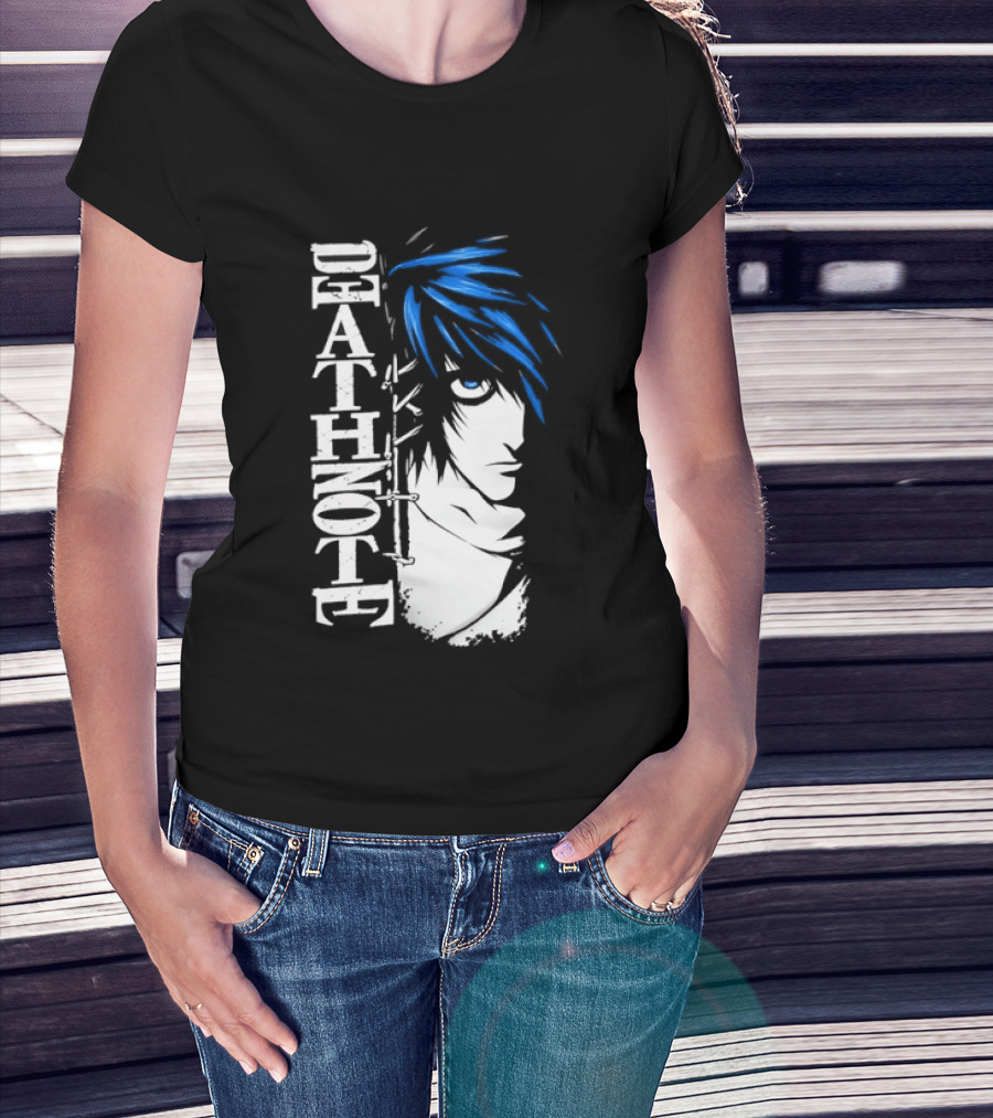 L From Death Note Distressed Anime Blue Hair White T-Shirt