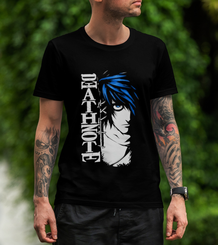 L From Death Note Distressed Anime Blue Hair White T-Shirt
