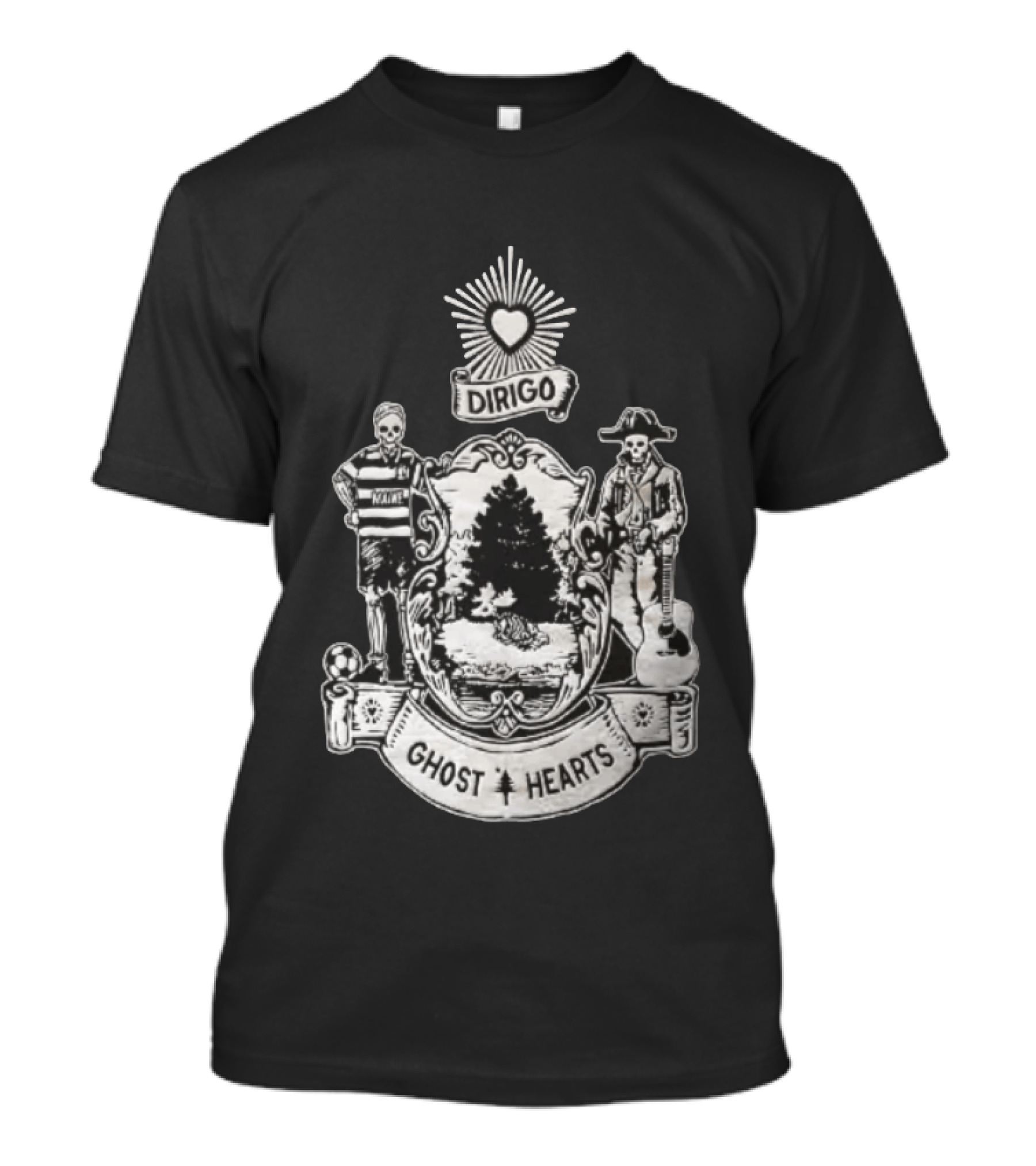 Dirigo Ghost Hearts Maine Crest With Skeleton Soccer And Guitar Players T-Shirt