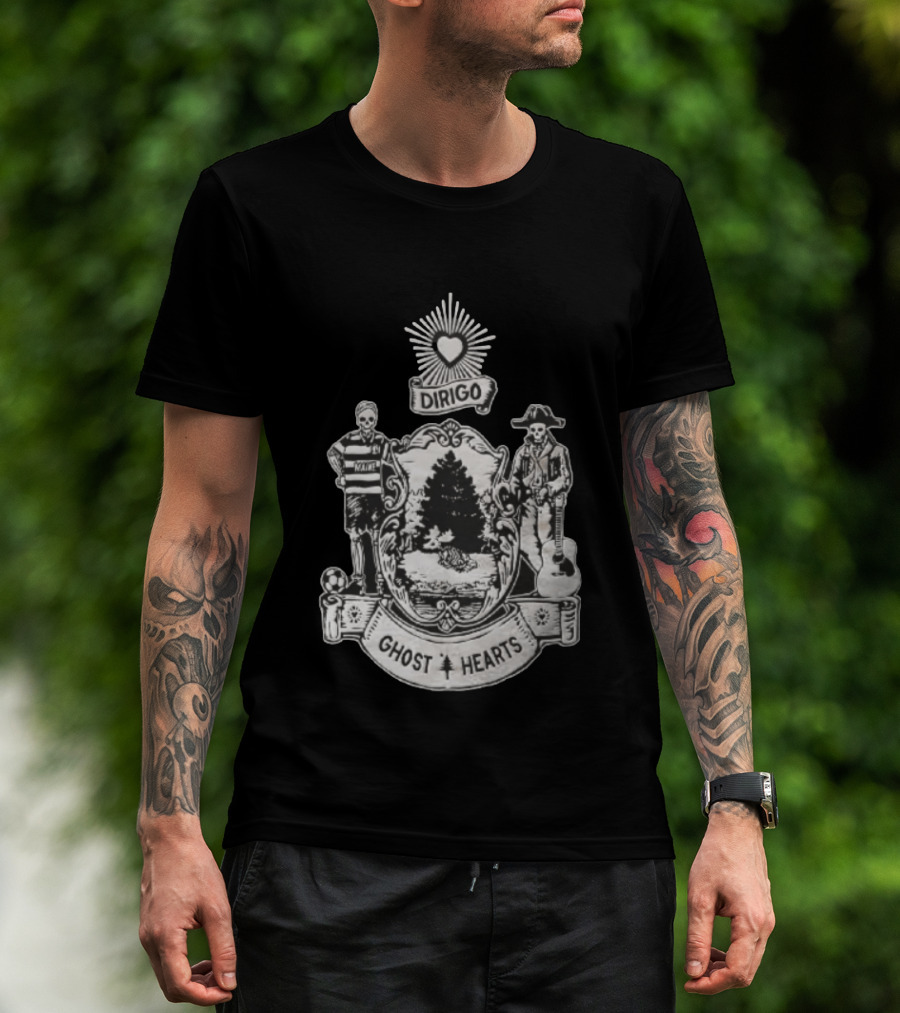 Dirigo Ghost Hearts Maine Crest With Skeleton Soccer And Guitar Players T-Shirt