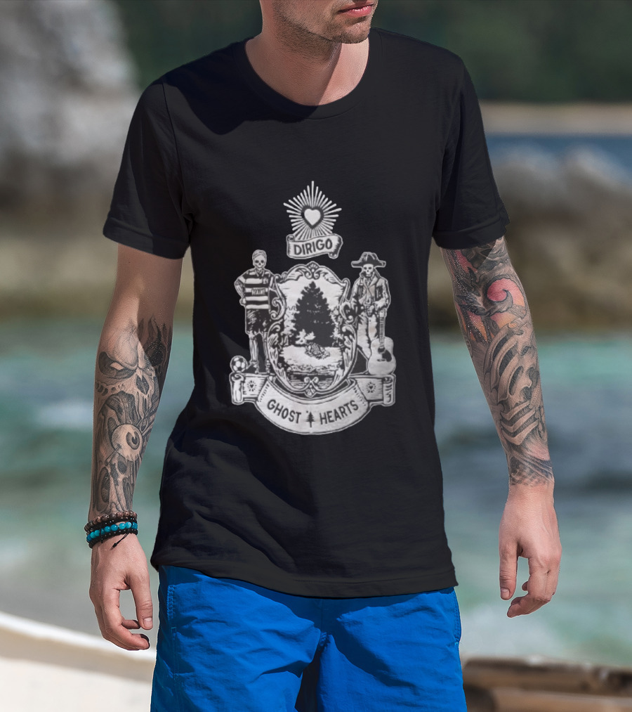 Dirigo Ghost Hearts Maine Crest With Skeleton Soccer And Guitar Players T-Shirt