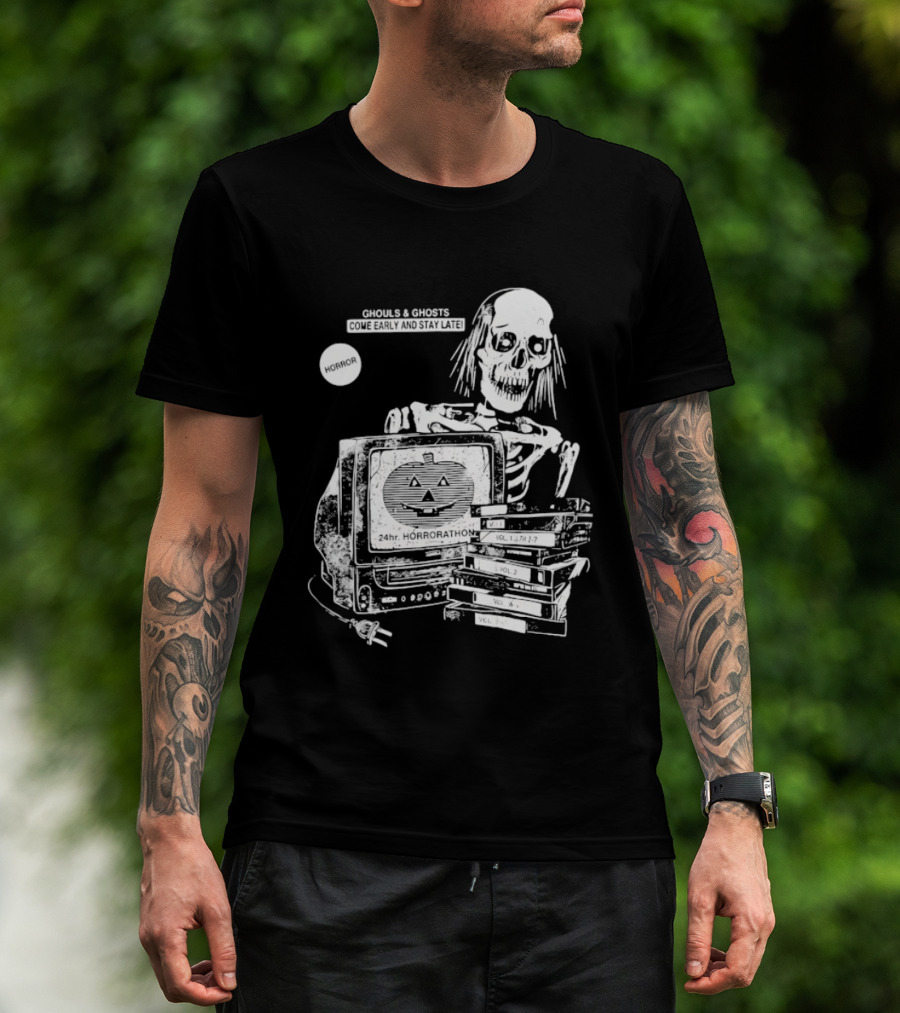 Ghouls And Ghosts 24hr Horrorathon Skeleton With TV And Pumpkin T-Shirt
