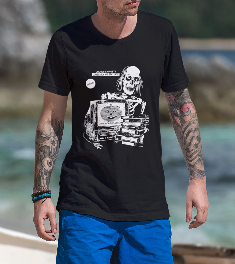 Ghouls And Ghosts 24hr Horrorathon Skeleton With TV And Pumpkin T-Shirt