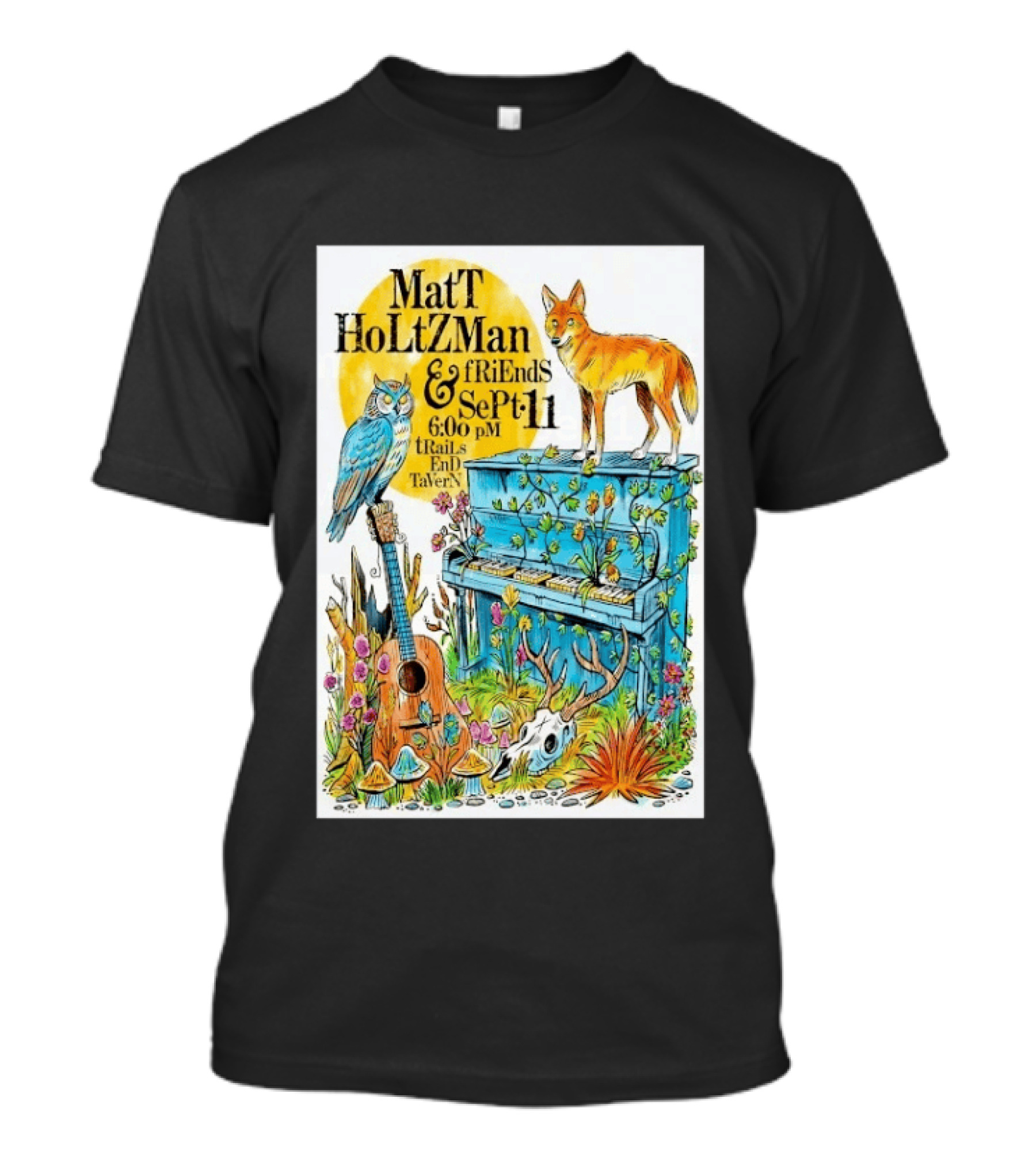 Matt Holtzman And Friends Live Music Event At Trails End Tavern September 11 Featuring Fox And Owl With Guitar And Piano Illustrations T-Shirt