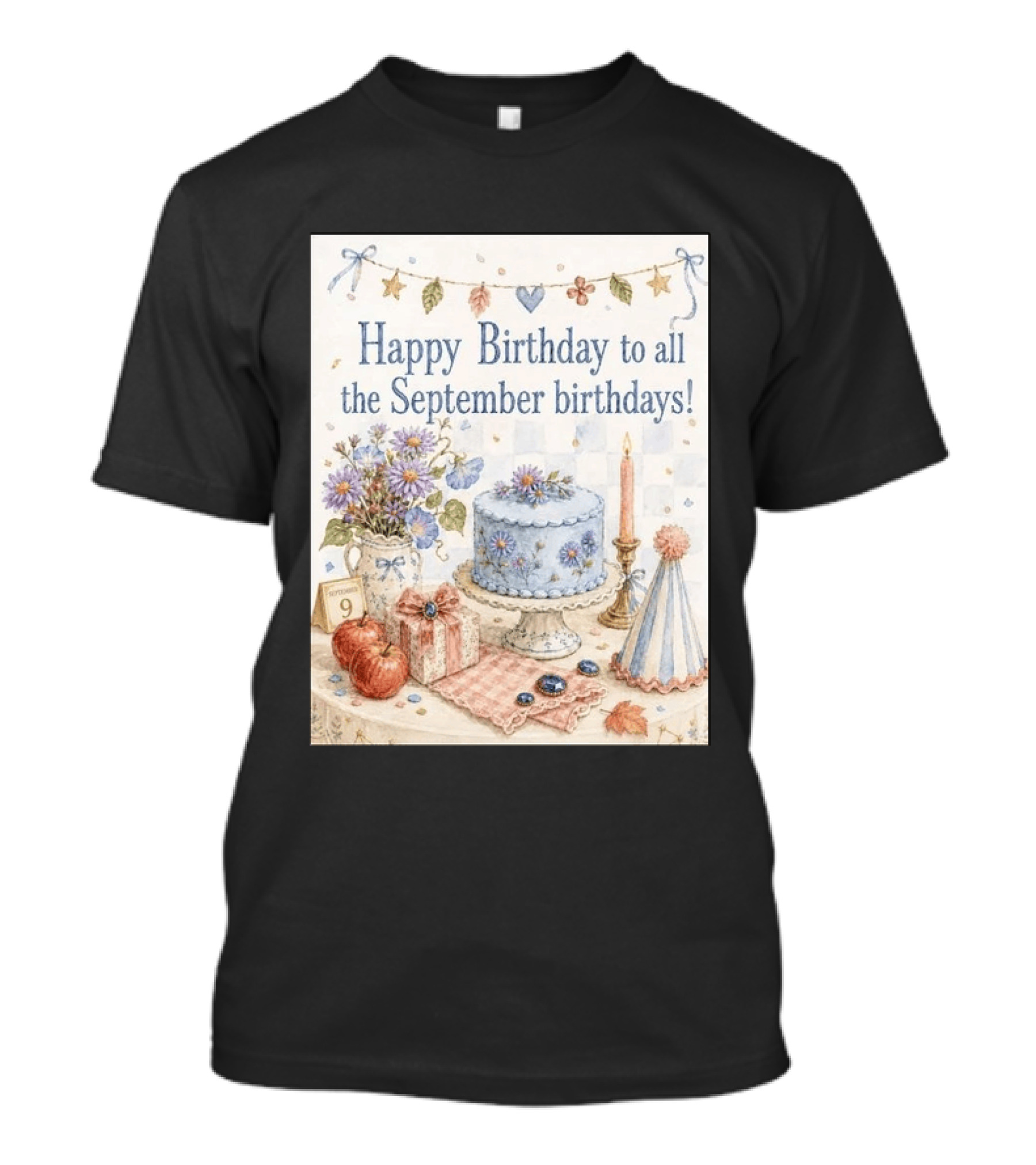 Happy Birthday To All The September Birthdays With Cake And Flowers Celebration T-Shirt