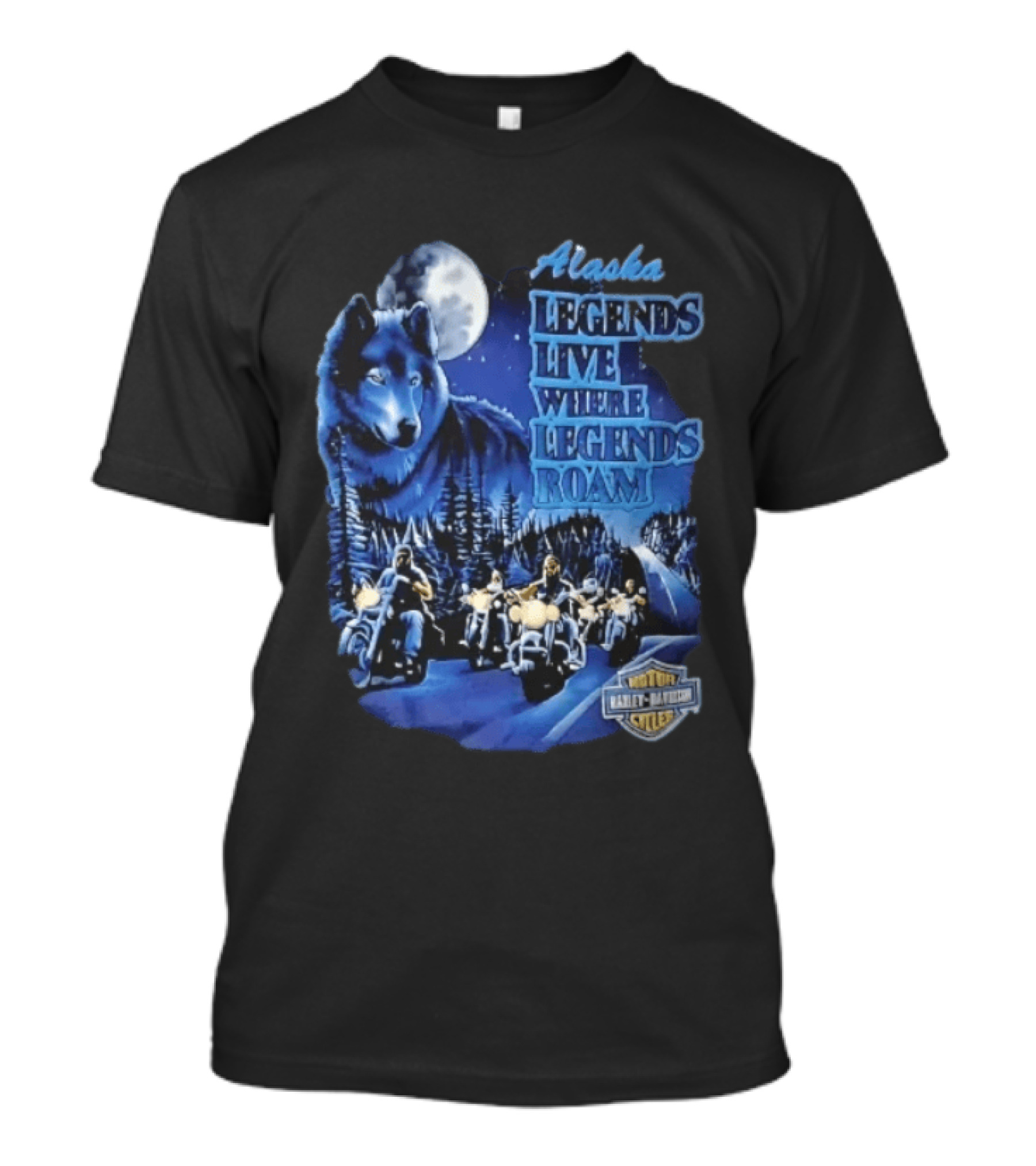 Alaska Legends Live Where Legends Roam Wolf Moon Motorcycles Forest Road T-Shirt
