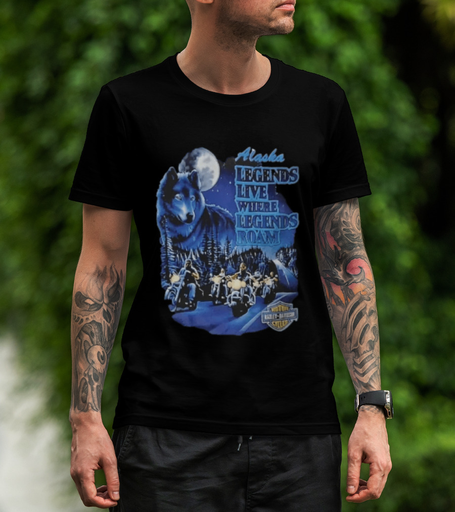 Alaska Legends Live Where Legends Roam Wolf Moon Motorcycles Forest Road T-Shirt
