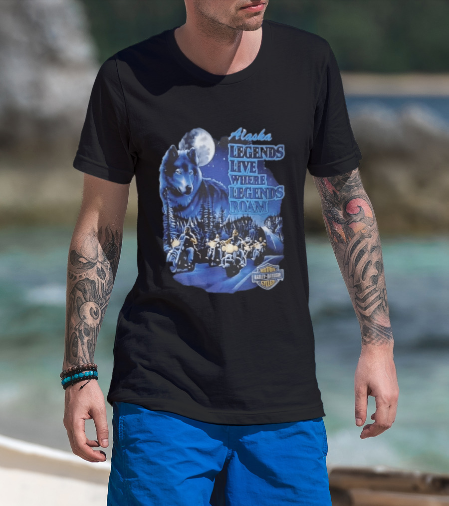 Alaska Legends Live Where Legends Roam Wolf Moon Motorcycles Forest Road T-Shirt