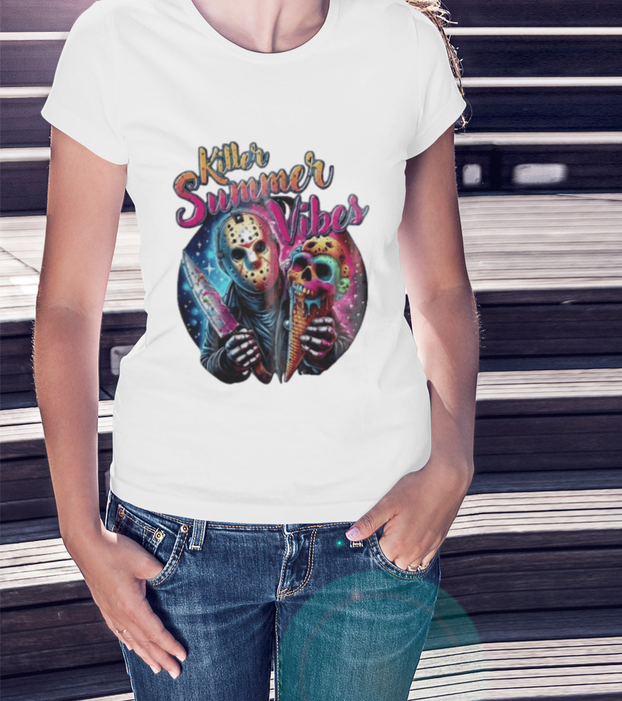 Killer Summer Vibes Hockey Mask Slasher Knife Skull Ice Cream Cone Cosmic T-Shirt
