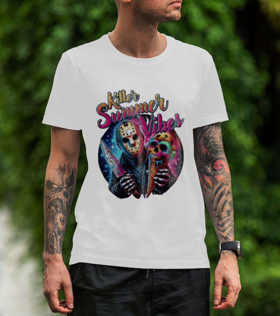 Killer Summer Vibes Hockey Mask Slasher Knife Skull Ice Cream Cone Cosmic T-Shirt