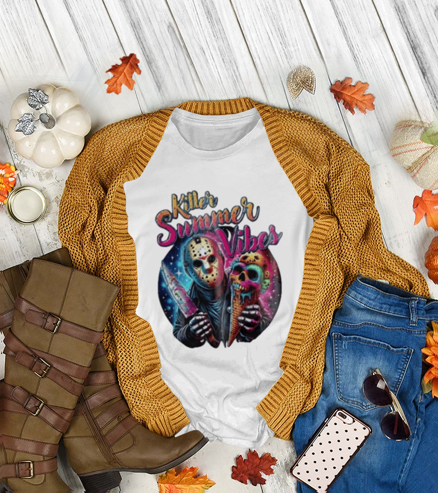 Killer Summer Vibes Hockey Mask Slasher Knife Skull Ice Cream Cone Cosmic T-Shirt