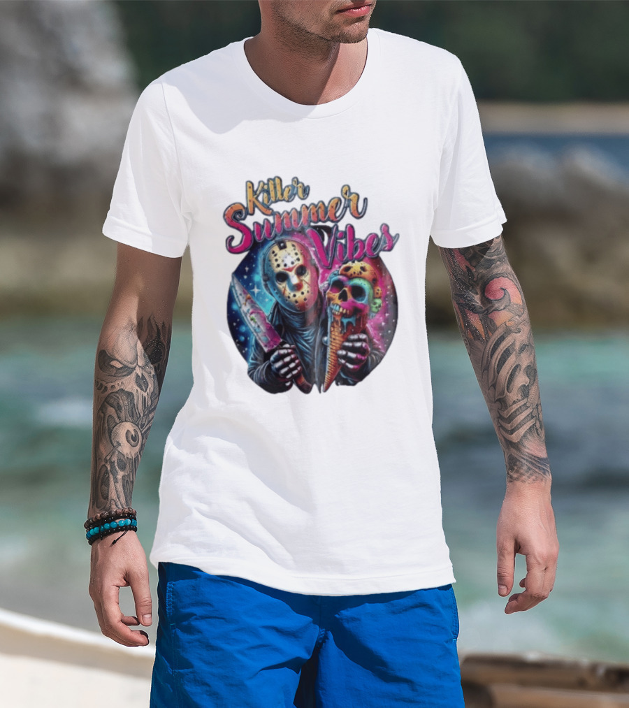 Killer Summer Vibes Hockey Mask Slasher Knife Skull Ice Cream Cone Cosmic T-Shirt