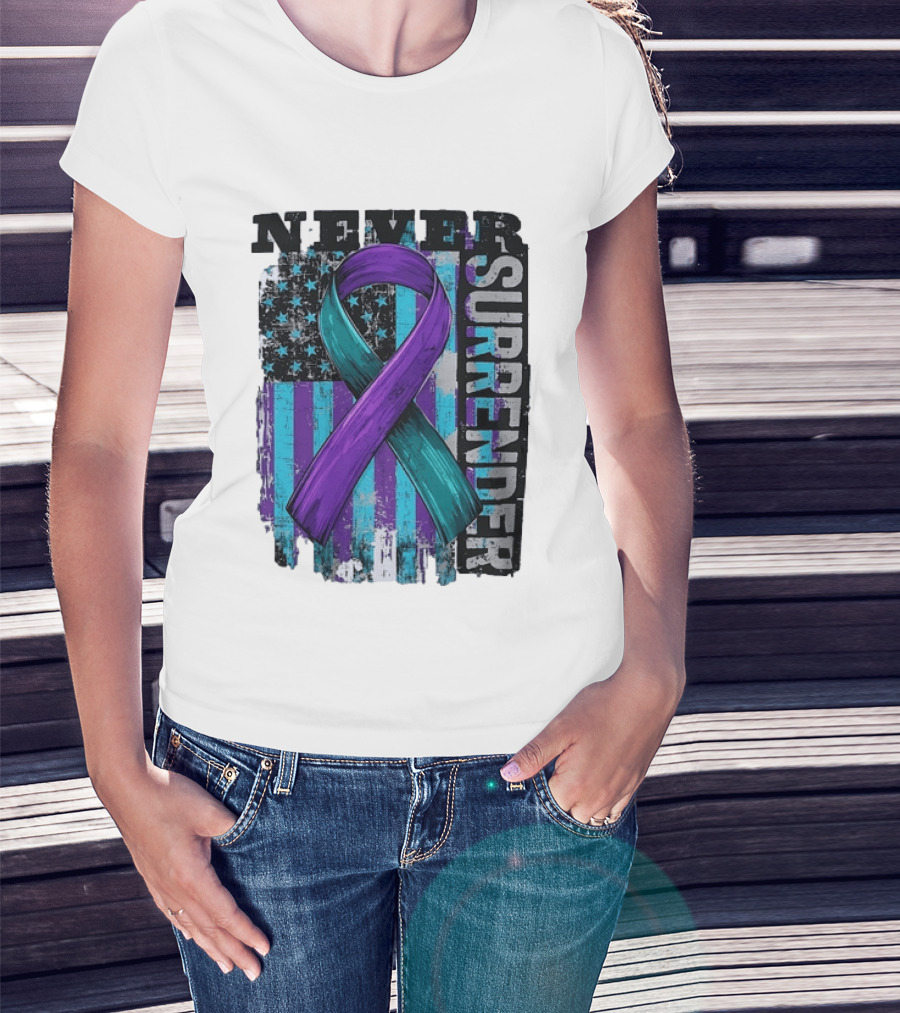 Never Surrender Teal And Purple Awareness Ribbon Distressed Flag T-Shirt