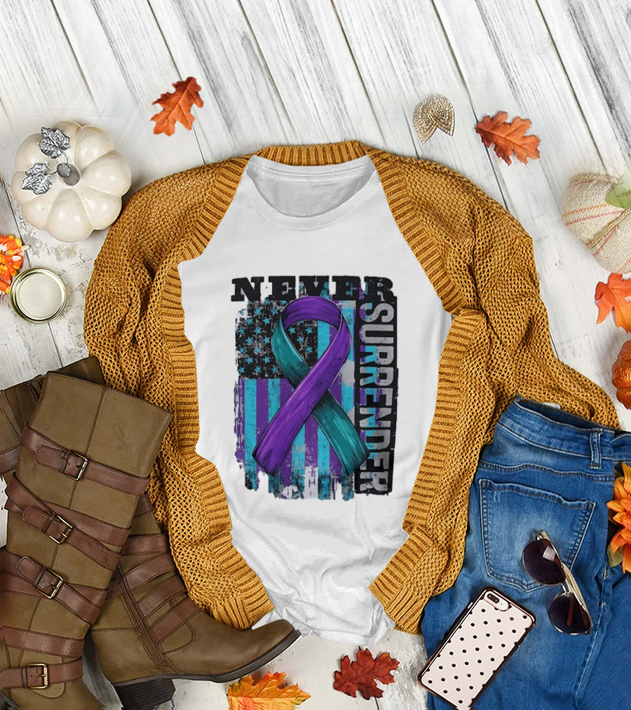 Never Surrender Teal And Purple Awareness Ribbon Distressed Flag T-Shirt