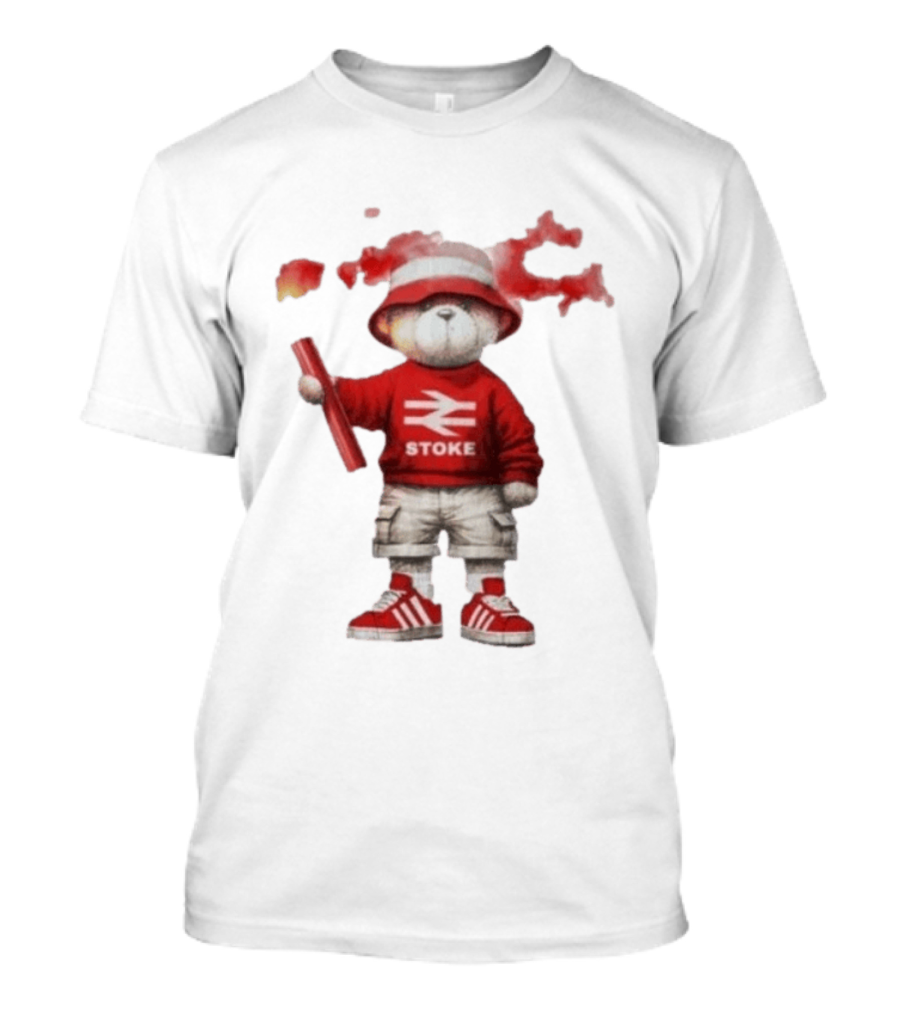 Stoke Awaydays Bear With Flare Football Casuals Railway Logo Bucket Hat Red Sneakers T-Shirt