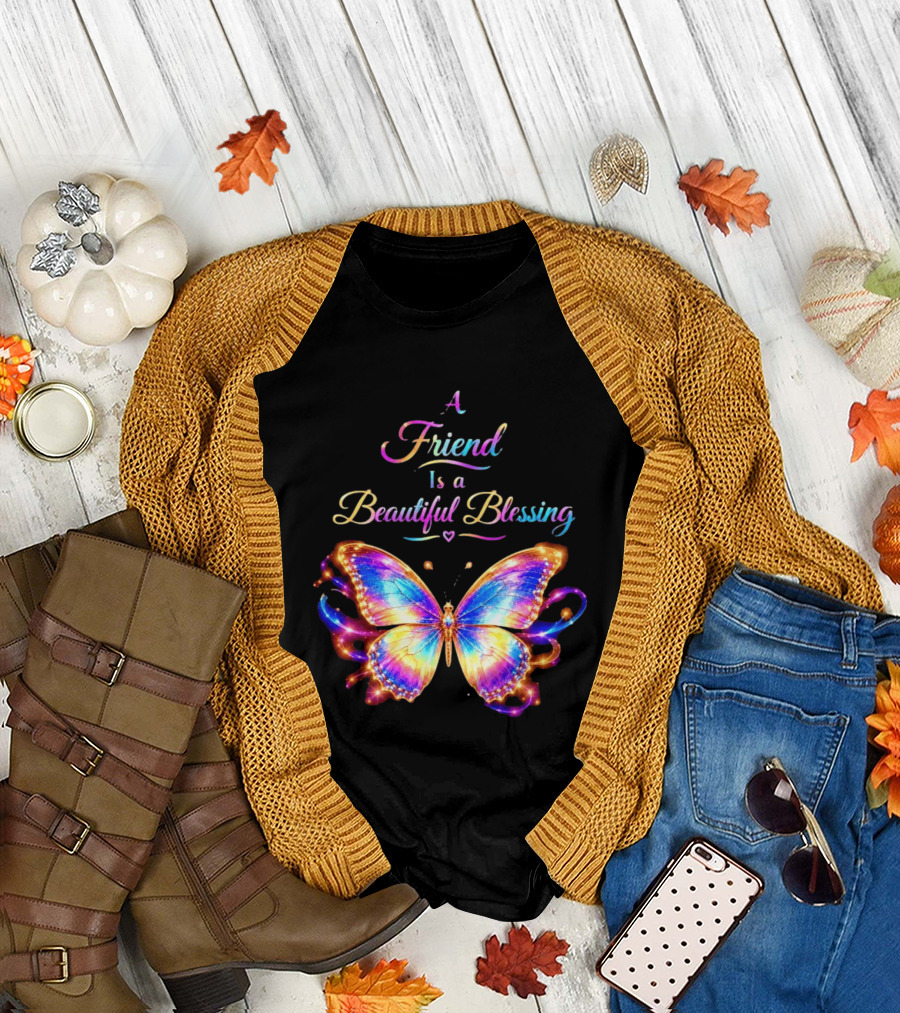 Butterfly A Friend Is A Beautiful Blessing Rainbow T-Shirt