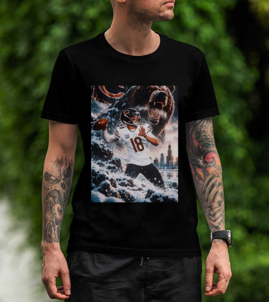 Caleb Williams Chicago Bears Snowy Football Bear Quarterback Number 18 City Skyline T-Shirt