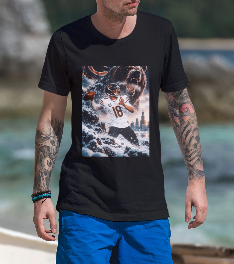 Caleb Williams Chicago Bears Snowy Football Bear Quarterback Number 18 City Skyline T-Shirt