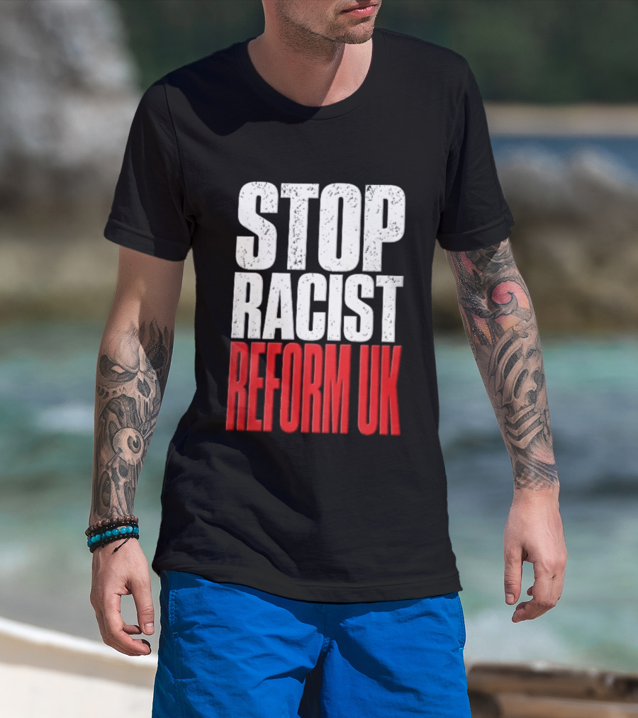 Stop Racist Reform UK Distressed White Red T-Shirt