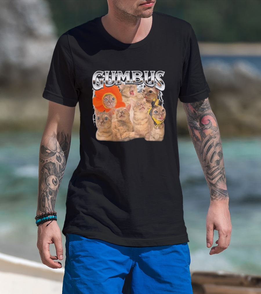 GUMBUS Funny Cat Faces With Flower And Bee Outfits T-Shirt