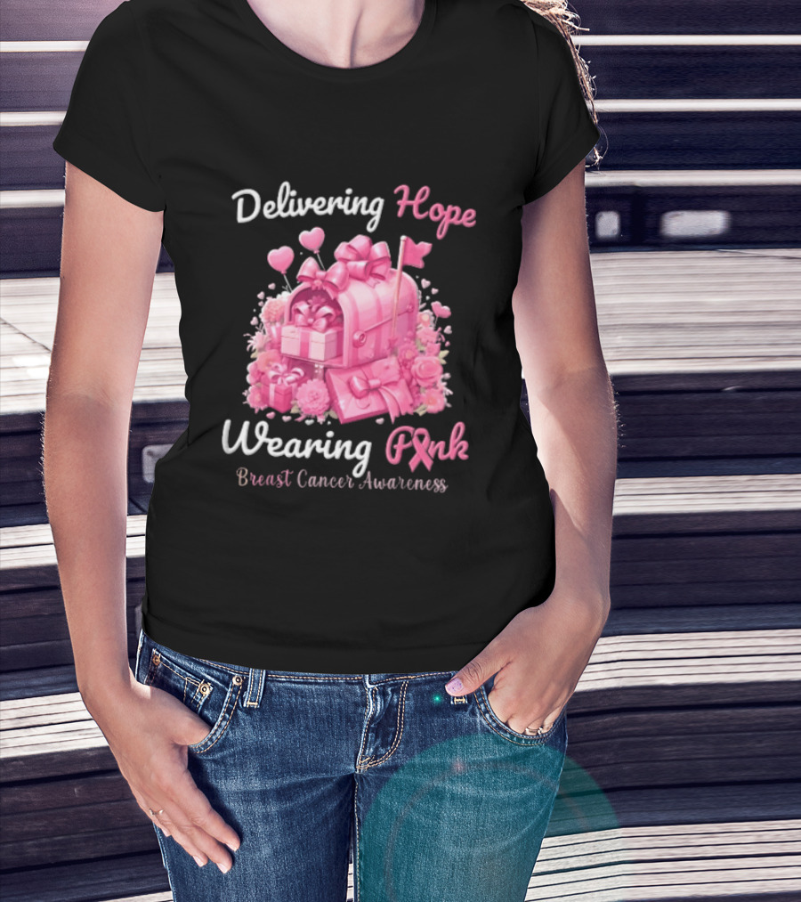 Delivering Hope Wearing Pink Breast Cancer Awareness Mailbox Wrapped Presents Heart Balloons Flowers T-Shirt