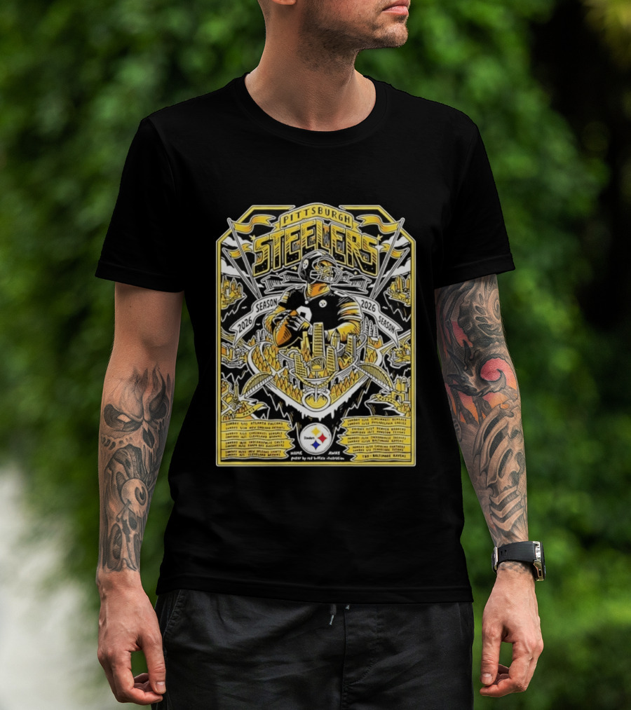 Pittsburgh Steelers 2026 Season Schedule Featuring Iconic Cityscape And Player T-Shirt