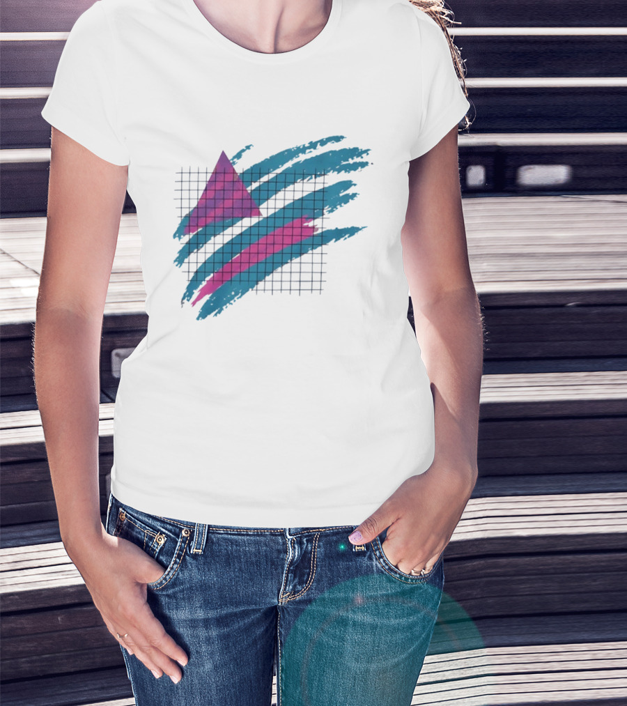 90s Neon Geometric Triangle Grid Retro Aesthetic T-Shirt