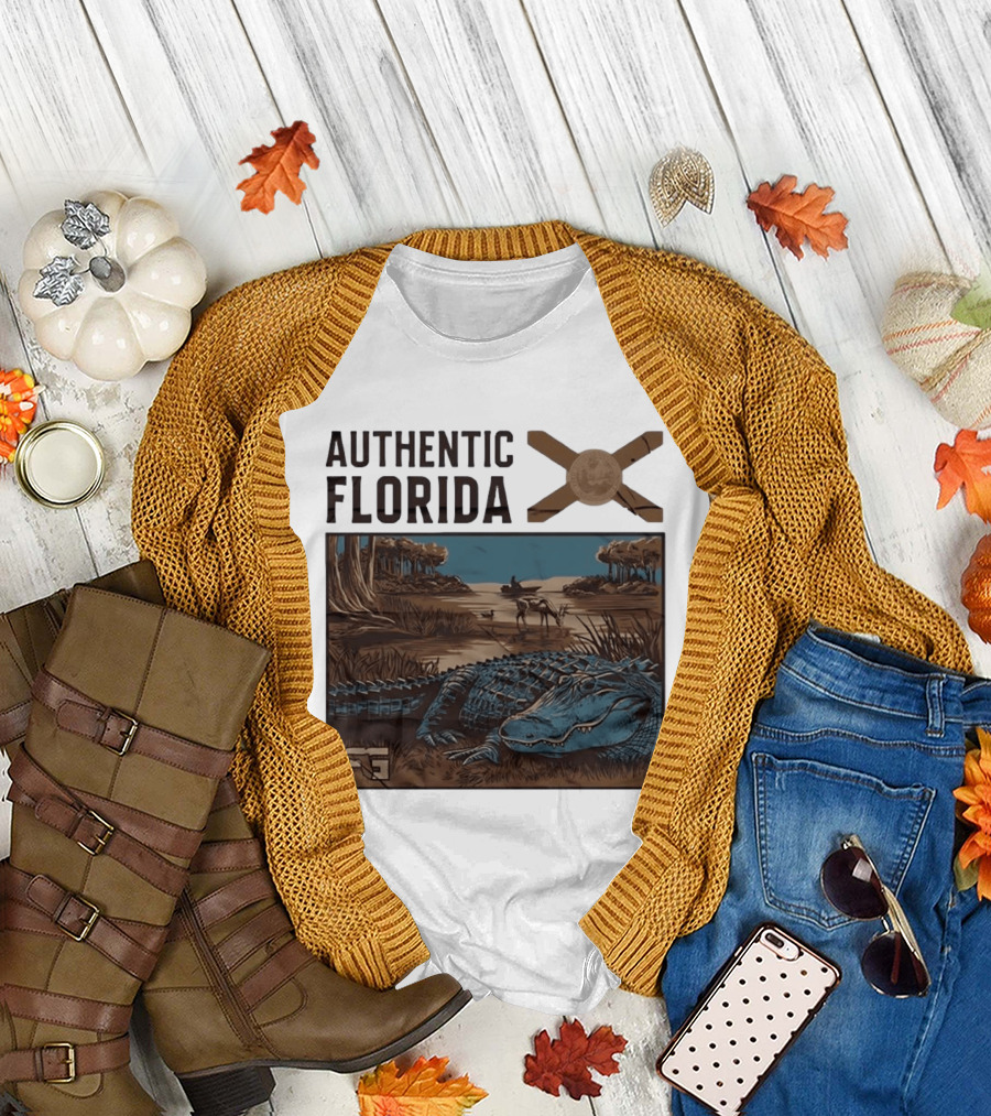 Authentic Florida Alligator With Canoe And Nature Scene T-Shirt