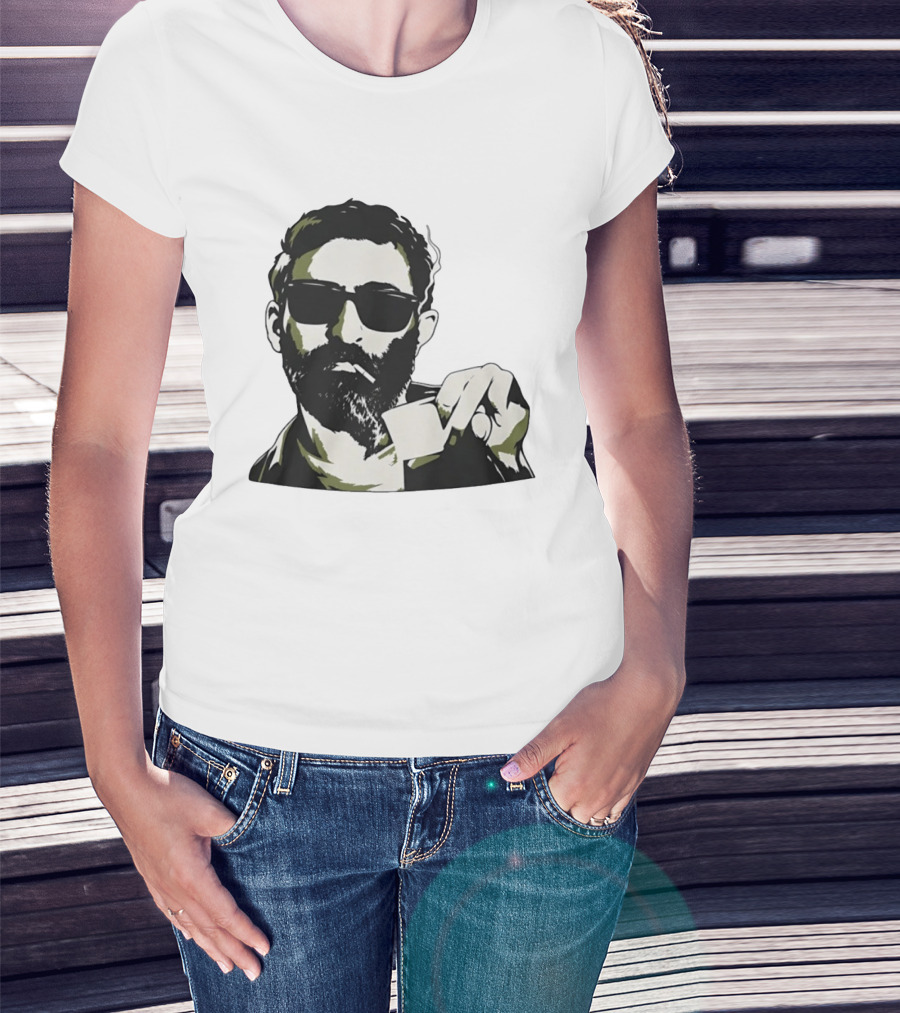 Bearded Man With Sunglasses Smoking Cigarette Holding Blank Card T-Shirt
