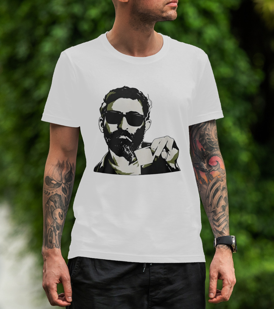 Bearded Man With Sunglasses Smoking Cigarette Holding Blank Card T-Shirt