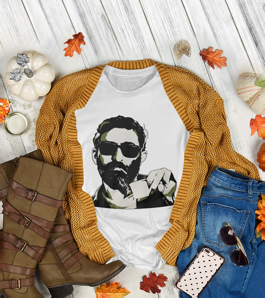 Bearded Man With Sunglasses Smoking Cigarette Holding Blank Card T-Shirt