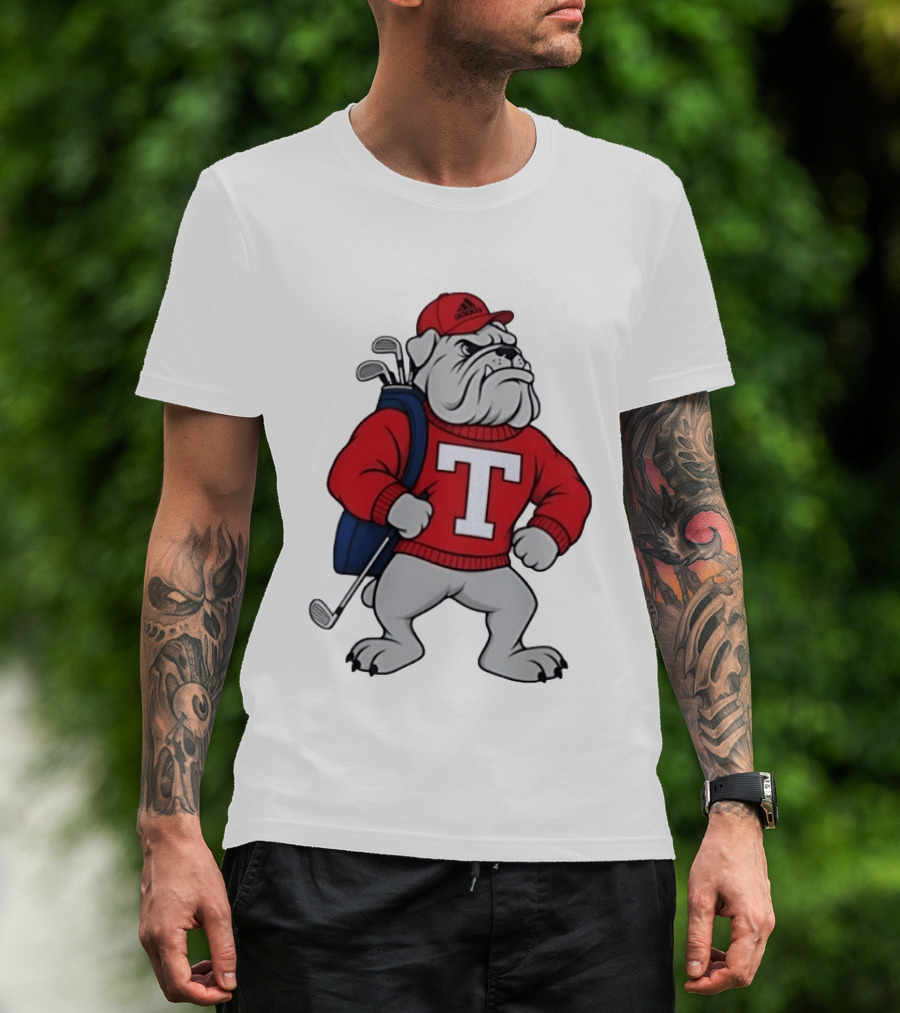 Bulldog Golf Mascot With Letter Sweater And Golf Bag T-Shirt