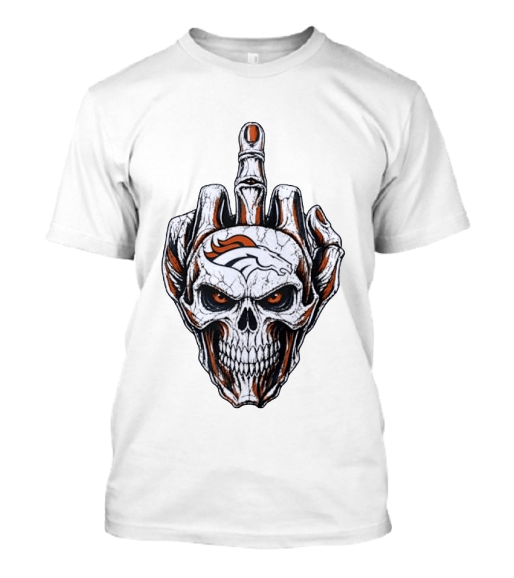 Distressed Denver Broncos Skull With Middle Finger Skeleton Hand T-Shirt