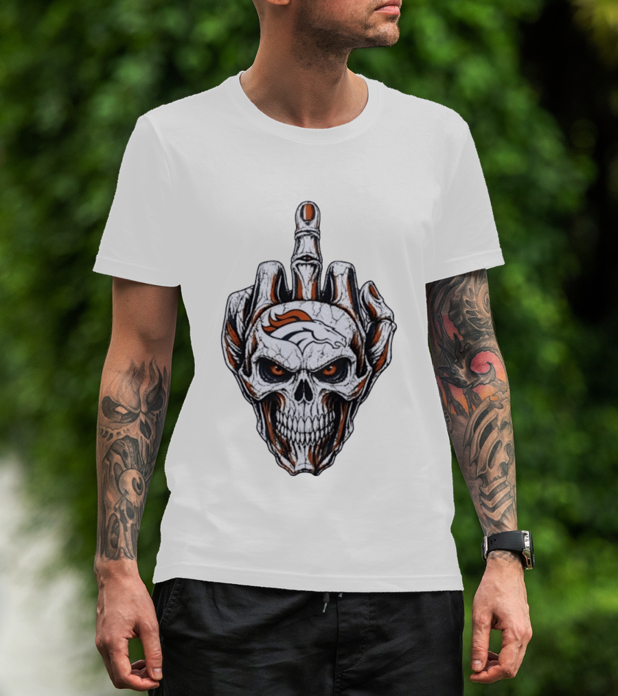 Distressed Denver Broncos Skull With Middle Finger Skeleton Hand T-Shirt