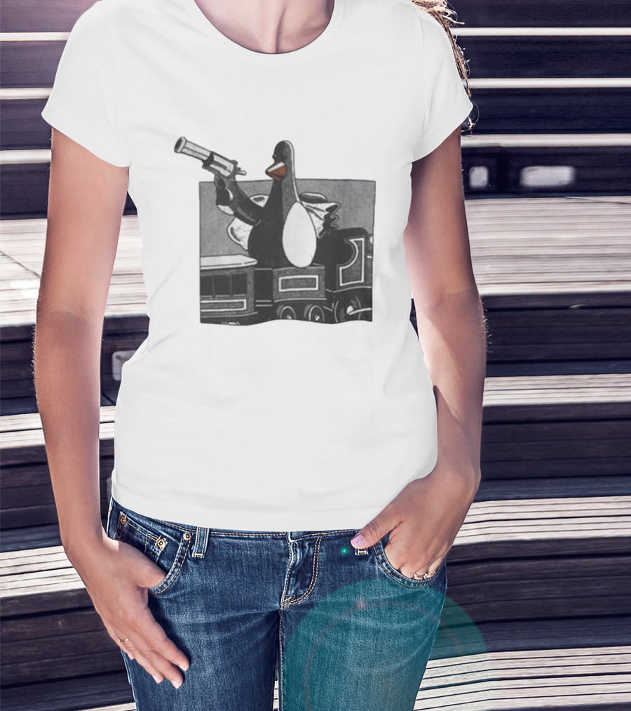 Evil Penguin With Gun On Train Vengeance Most Fowl McGraw T-Shirt