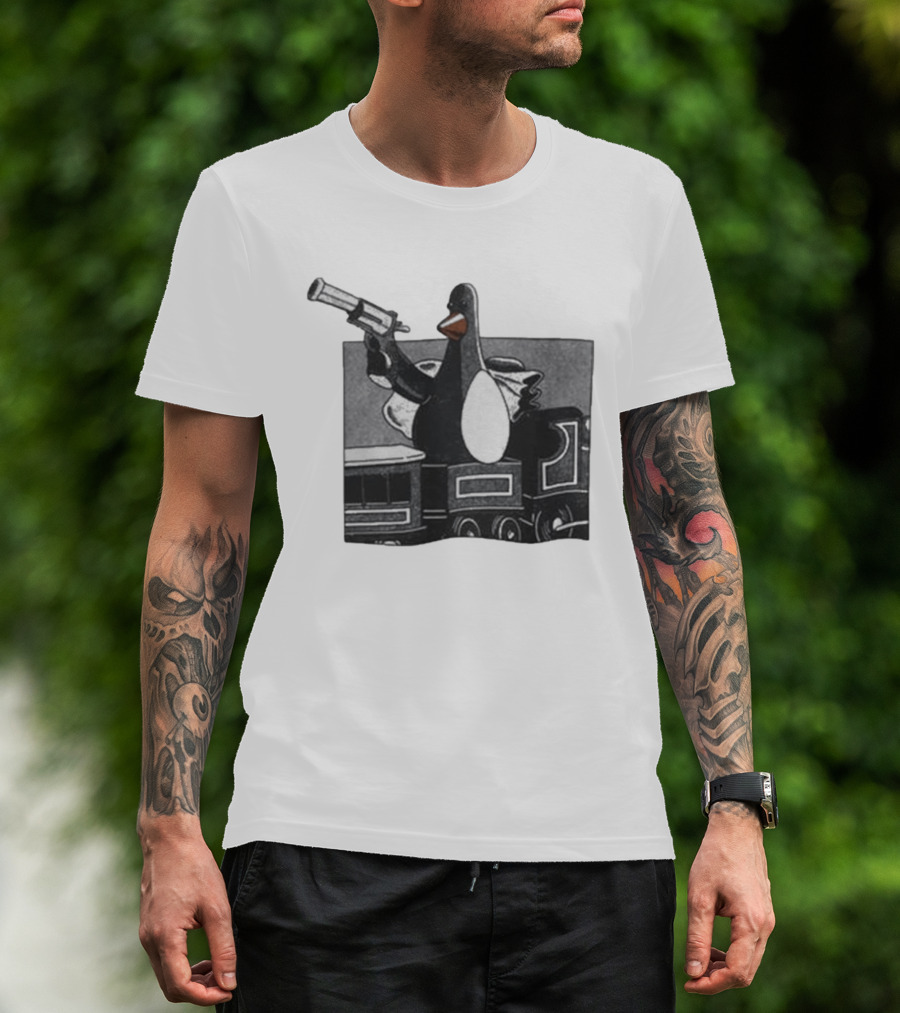 Evil Penguin With Gun On Train Vengeance Most Fowl McGraw T-Shirt