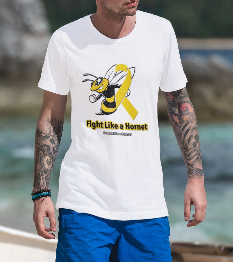 Fight Like A Hornet End Childhood Cancer Awareness Gold Ribbon T-Shirt