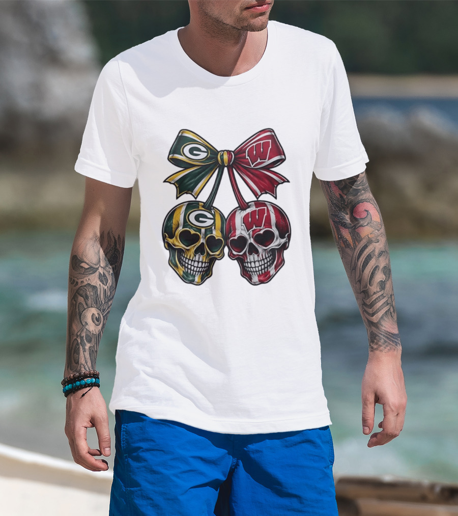 Green Bay Packers Wisconsin Badgers Skulls Bow T-Shirt