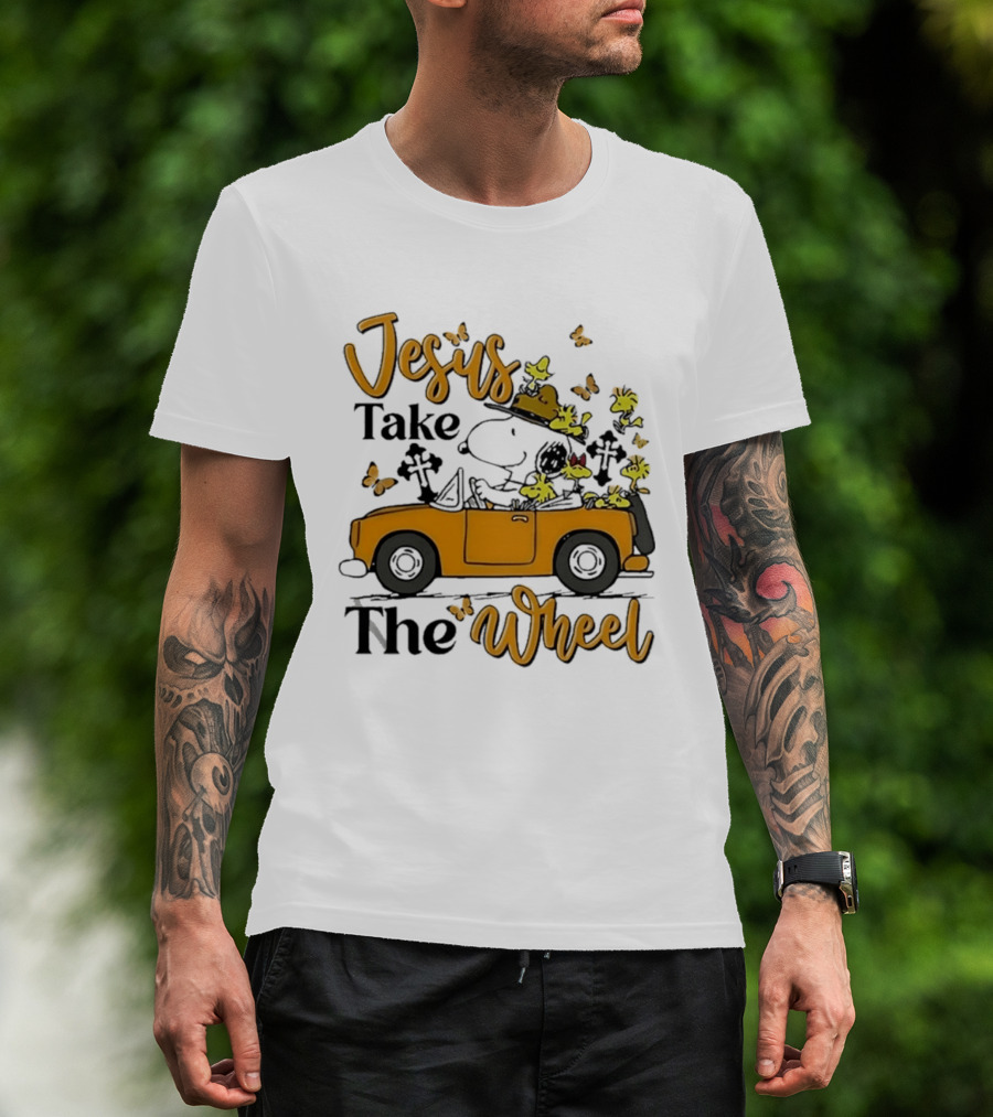 Snoopy Jesus Take The Wheel Butterflies Woodstock Driving Scene T-Shirt