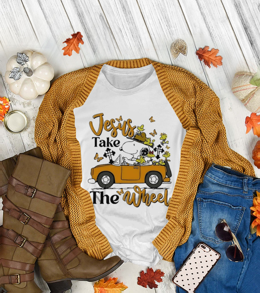 Snoopy Jesus Take The Wheel Butterflies Woodstock Driving Scene T-Shirt