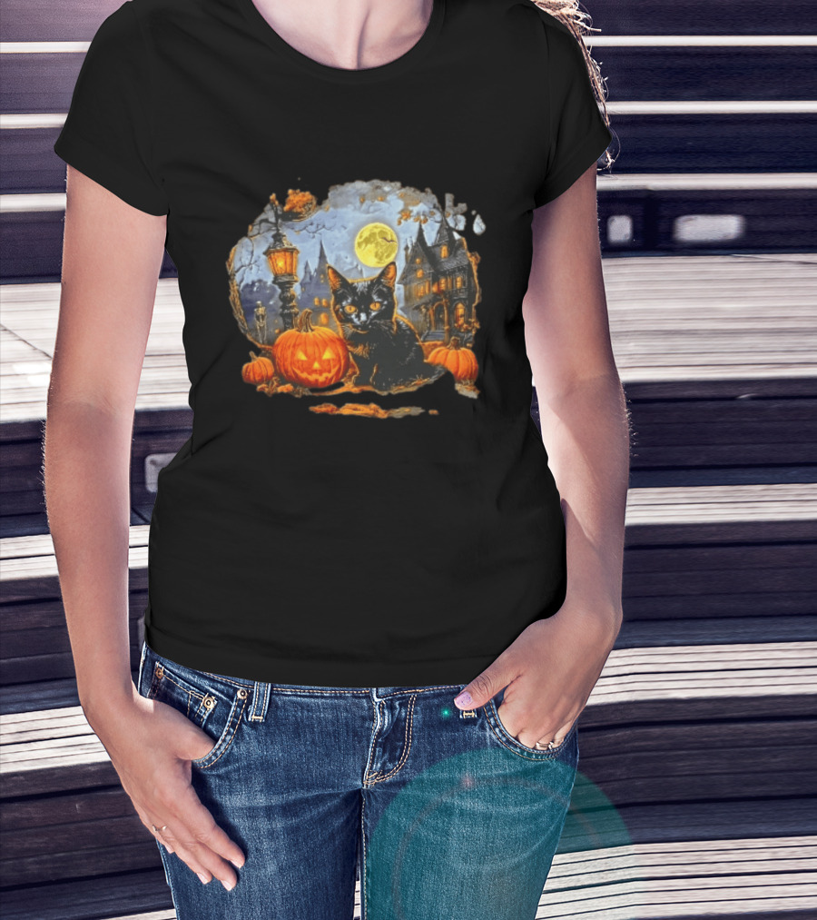 Black Cat Halloween Glowing Jack O' Lantern Haunted Mansion Full Moon Scene T-Shirt