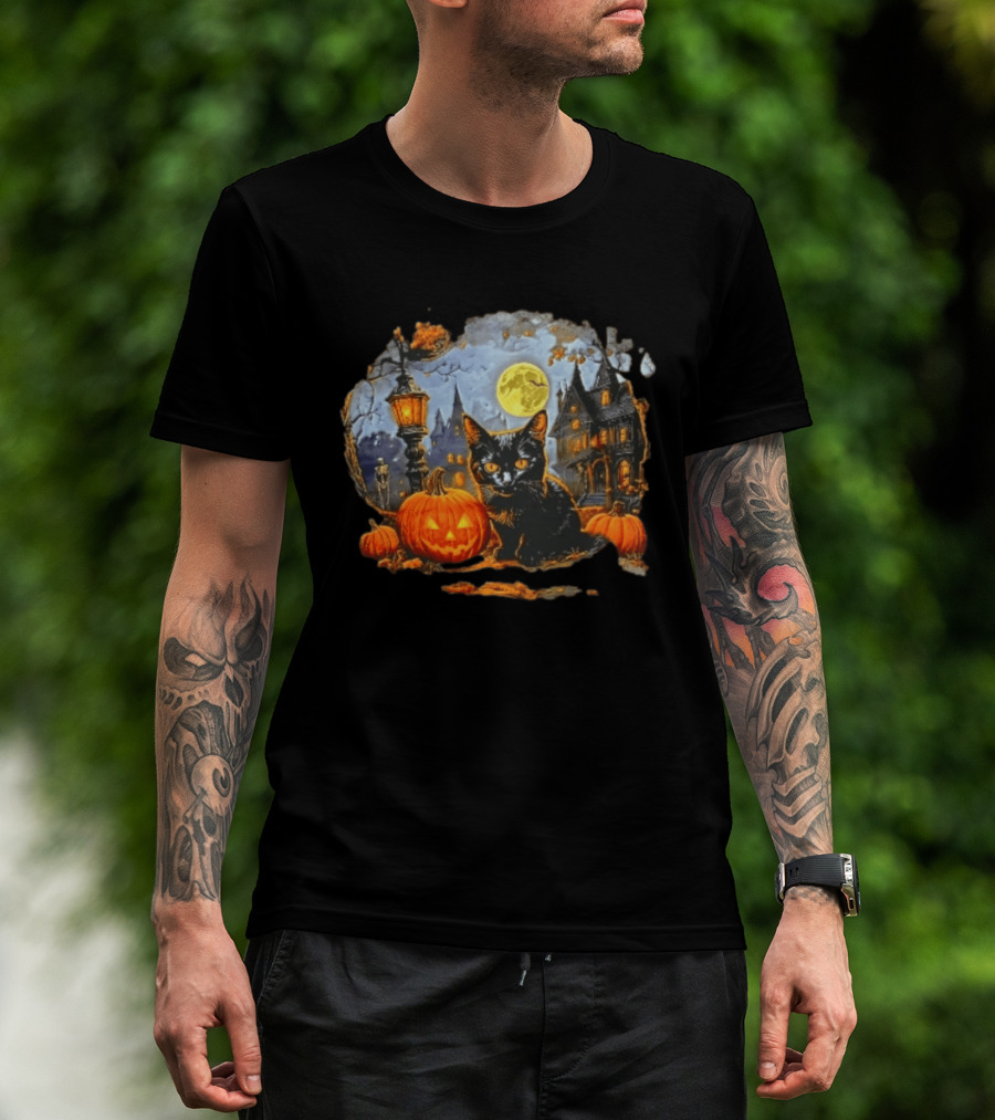 Black Cat Halloween Glowing Jack O' Lantern Haunted Mansion Full Moon Scene T-Shirt