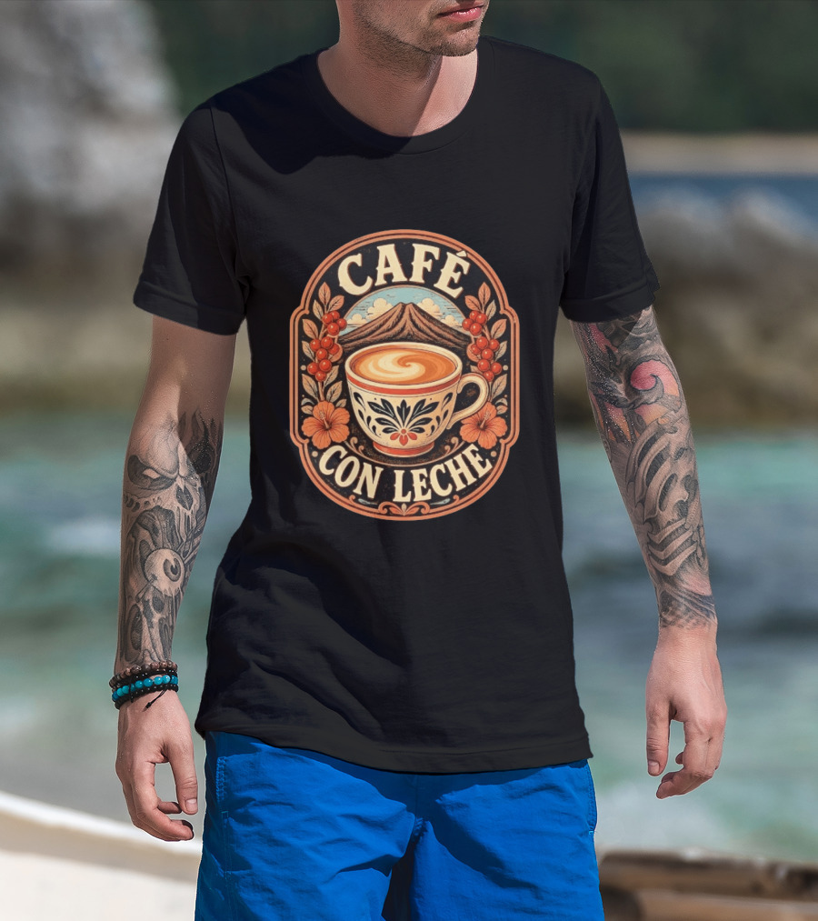 Café Con Leche Coffee Latte Floral Mountain Art Deco T-Shirt