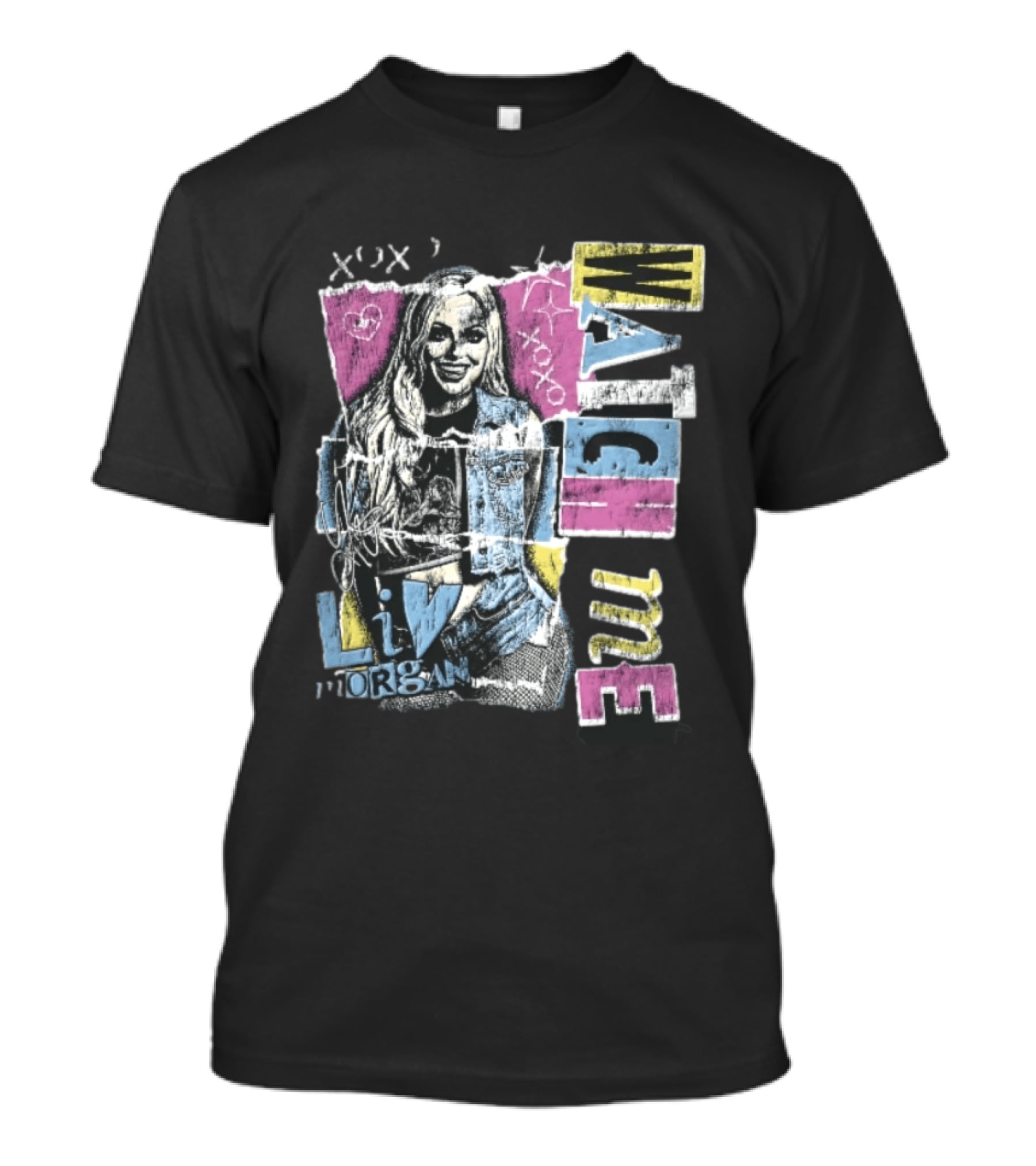 Me Xoxo Liv Morgan Denim Vest Distressed Halftone Torn Paper Collage T-Shirt