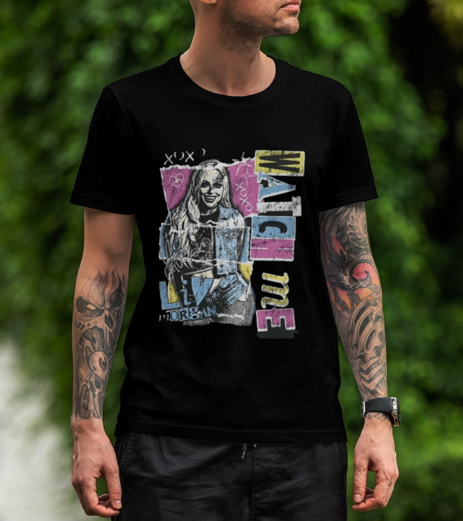 Me Xoxo Liv Morgan Denim Vest Distressed Halftone Torn Paper Collage T-Shirt